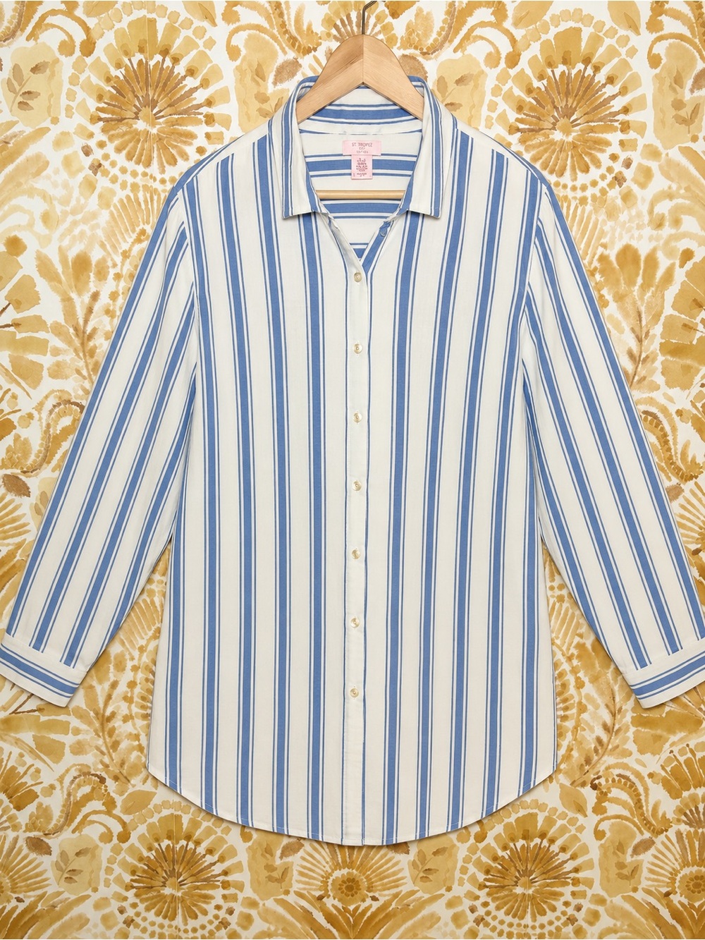 St. Tropez Blue & White Striped Linen Button Down Shirt Coastal Beachy Relaxed - Picture 2 of 8